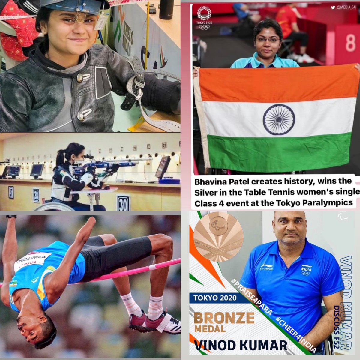 Waking up to these incredible inspirations: 
#AvaniLekhara #Gold for #shooting,
#BhavinaPatel #silver for #Tabletennis , #NishadKumar #silver for #HighJump #VinodKumar #bronze for #DiscusThrow !! Jai Hind🙏🏼 🇮🇳 #Paralympics #ParalympicsTokyo2020