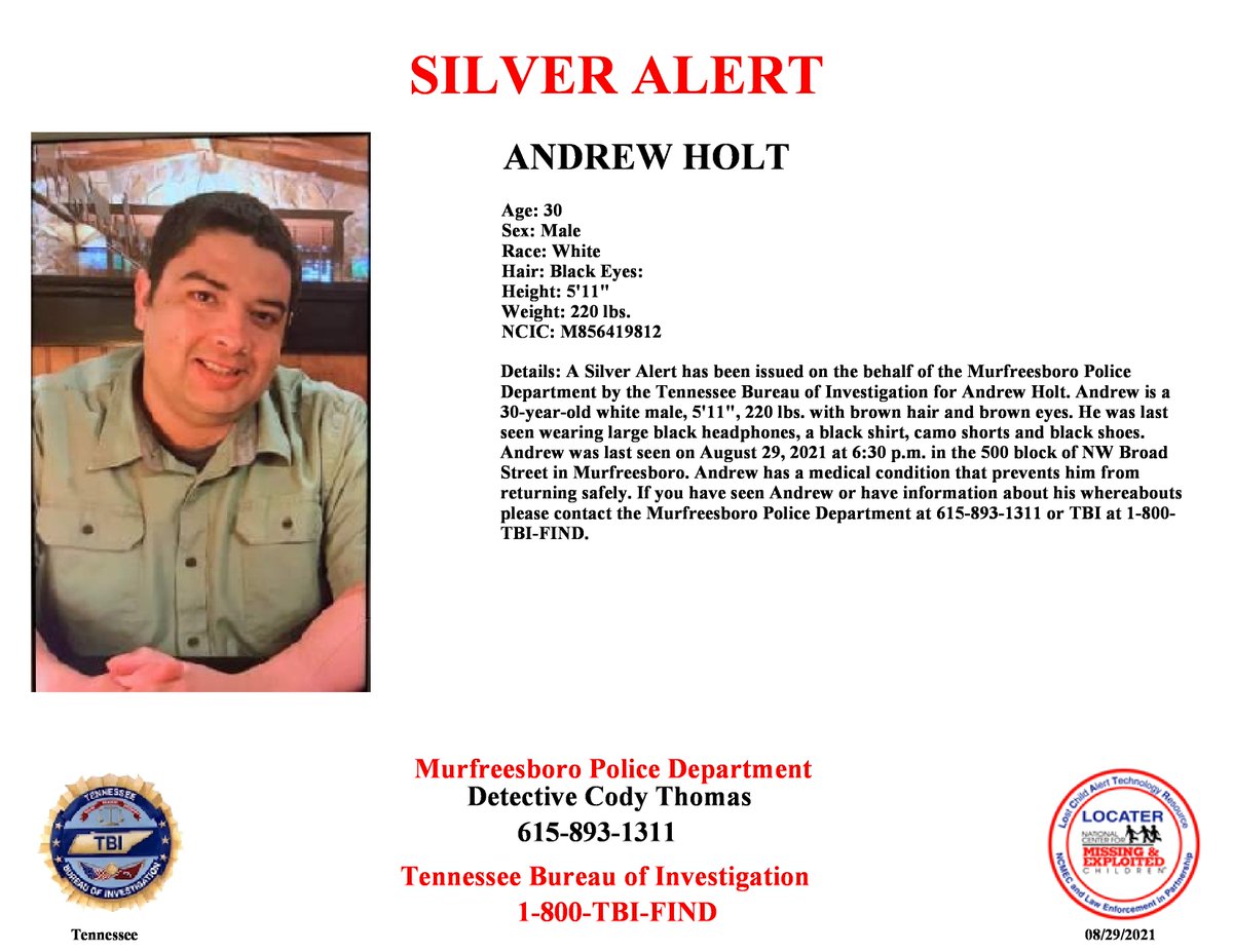 TBInvestigation's tweet image. Andrew was last seen at 6:30 p.m. in the 500 block of NW Broad Street in Murfreesboro. He was wearing large black headphones, a black shirt, camo shorts, and black shoes.

If you have seen Andrew or have information about his whereabouts – call 615-893-1311 or 1-800-TBI-FIND.