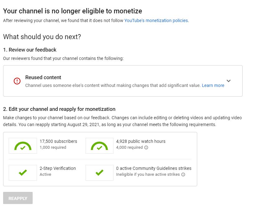NewFilmOfficial's tweet photo. @TeamYouTube Hi YouTube, please tell me, where is my Reapply Option ? https://t.co/VXrBoNXeP1