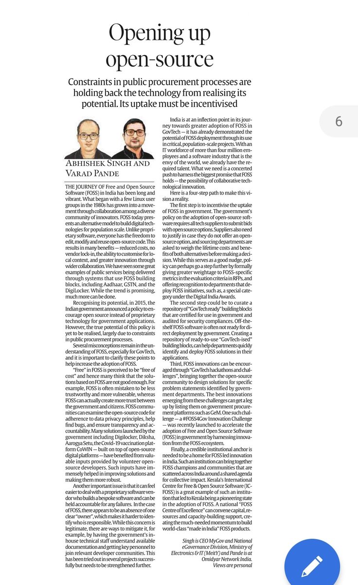 abhishek singh (@abhish18) on Twitter photo Opening up Open Source...My Oped with Varad Pande of <a href="/on_india/">Viral mode on India</a> in <a href="/IndianExpress/">The Indian Express</a> on how #FOSS can bring power of collaboration in developing tech solutions at scale!!
#OpenSource Opening up Open Source...My Oped with Varad Pande of <a href="/on_india/">Viral mode on India</a> in <a href="/IndianExpress/">The Indian Express</a> on how #FOSS can bring power of collaboration in developing tech solutions at scale!!
#OpenSource