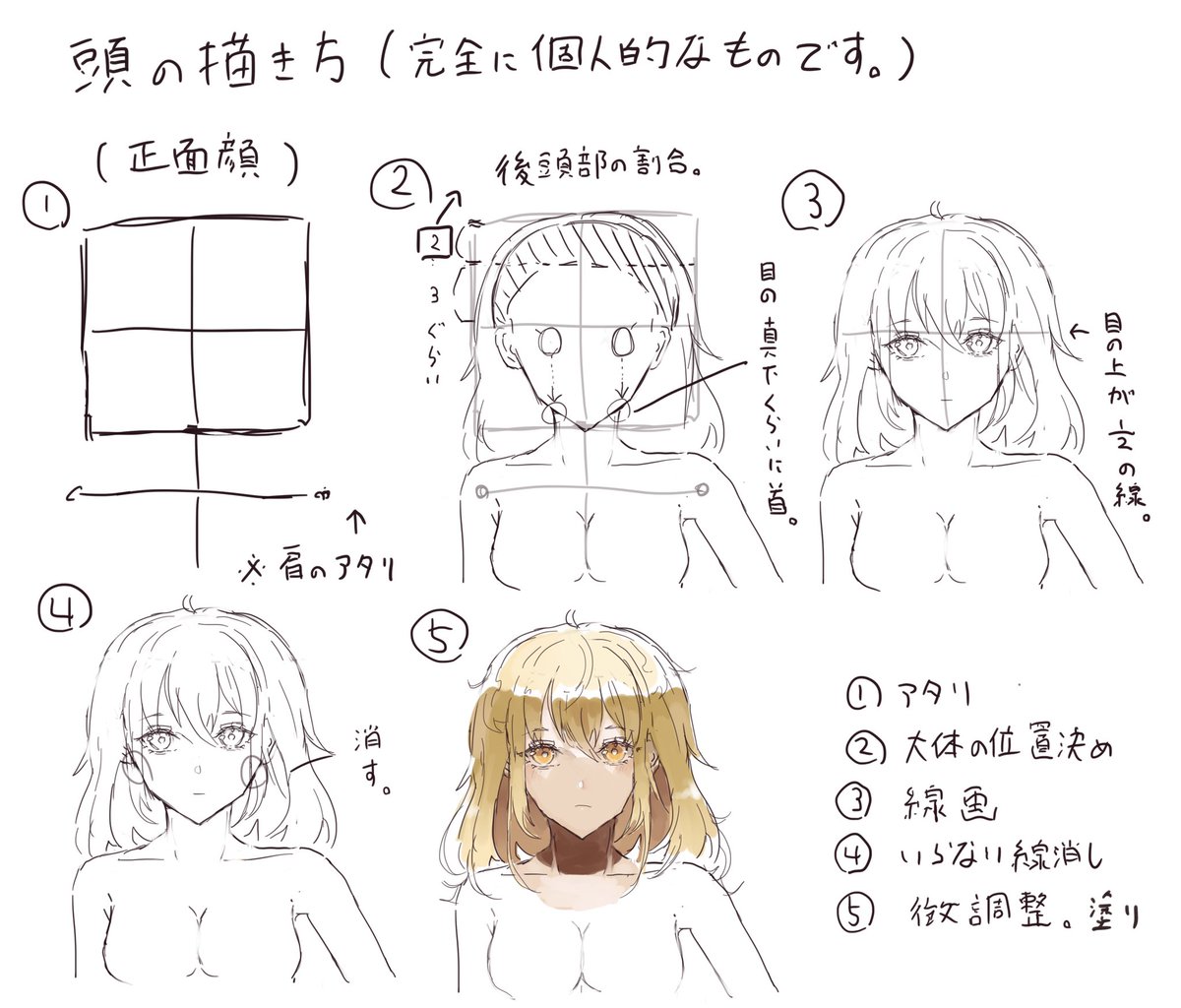 個人的、頭(と首)の描き方✏️

⑤での微調整なんだけど女の子の場合だから顎をシュッとさせて、顎の角の位置を下げてる(その方が可愛い気がする) 