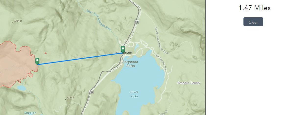 #CaldorFire (El Dorado Co/ENF) - Not much scanner traffic to share. Updated map on #FireMappers, uploaded around 7:30pm so from before then. Shows at that time, fire was 2.6 miles from Hwy 50 @ Hwy 89 intersection in #Meyers. 1.5mi from Kit Carson.

Link > arcg.is/jHKXX