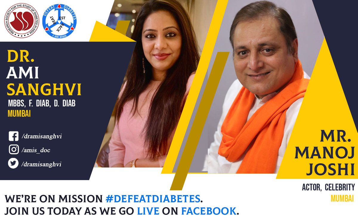RSSDI (official) (@rssdi_official) on Twitter photo Today, at 2:00pm don't miss our #DefeatDiabetes show where Dr. <a href="/dramisanghvi/">Dr.Ami Sanghvi</a> will have a candid conversation with <a href="/actormanojjoshi/">Manoj Joshi</a> bhai. The doctor-patient duo will encourage everyone to #TestTrackTreat blood glucose to defeat diabetes. Thank you Manoj bhai for your support 🙏. Today, at 2:00pm don't miss our #DefeatDiabetes show where Dr. <a href="/dramisanghvi/">Dr.Ami Sanghvi</a> will have a candid conversation with <a href="/actormanojjoshi/">Manoj Joshi</a> bhai. The doctor-patient duo will encourage everyone to #TestTrackTreat blood glucose to defeat diabetes. Thank you Manoj bhai for your support 🙏.