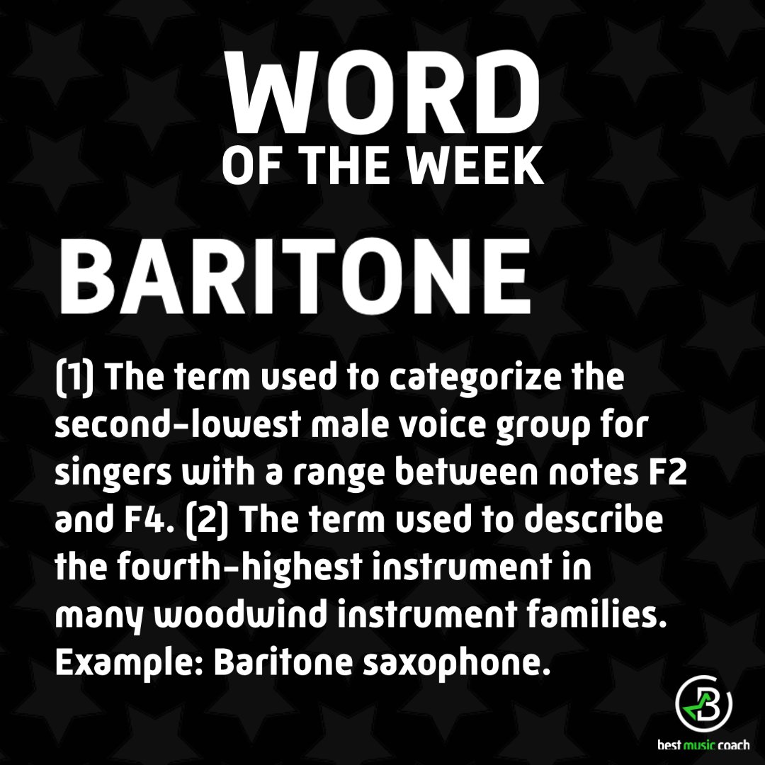 Vgmcomposer's tweet photo. Baritone. (1) The term used to categorize the second-lowest male voice group for singers with a range between notes F2 and F4. (2) The term used to describe the fourth-highest instrument in many woodwind instrument families.
Example: Baritone saxophone. https://t.co/tPe91r09Ku