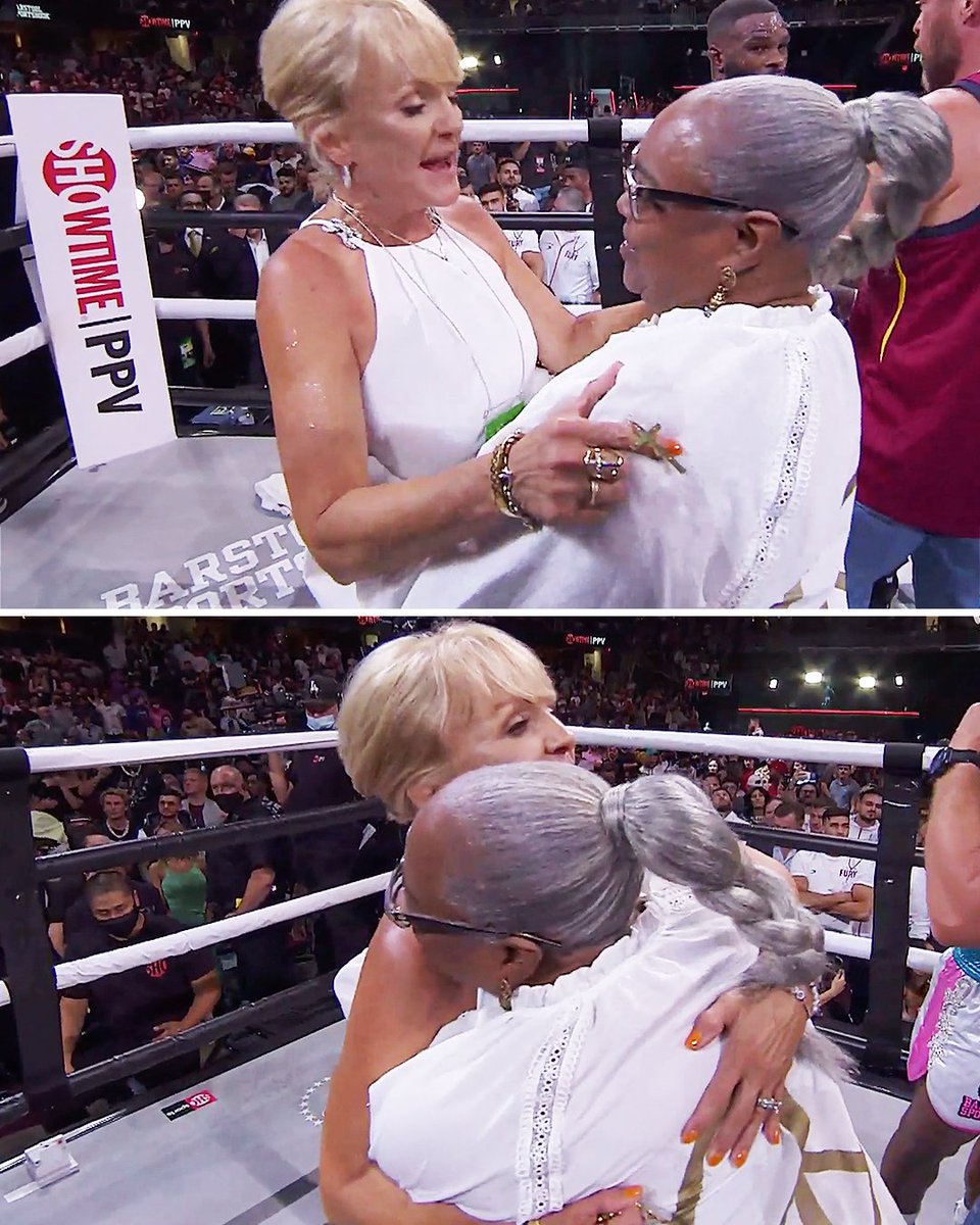 SportsCenter's tweet photo. Jake Paul and Tyron Woodley's moms hugged in the ring after the fight. https://t.co/pagzqLAjR3