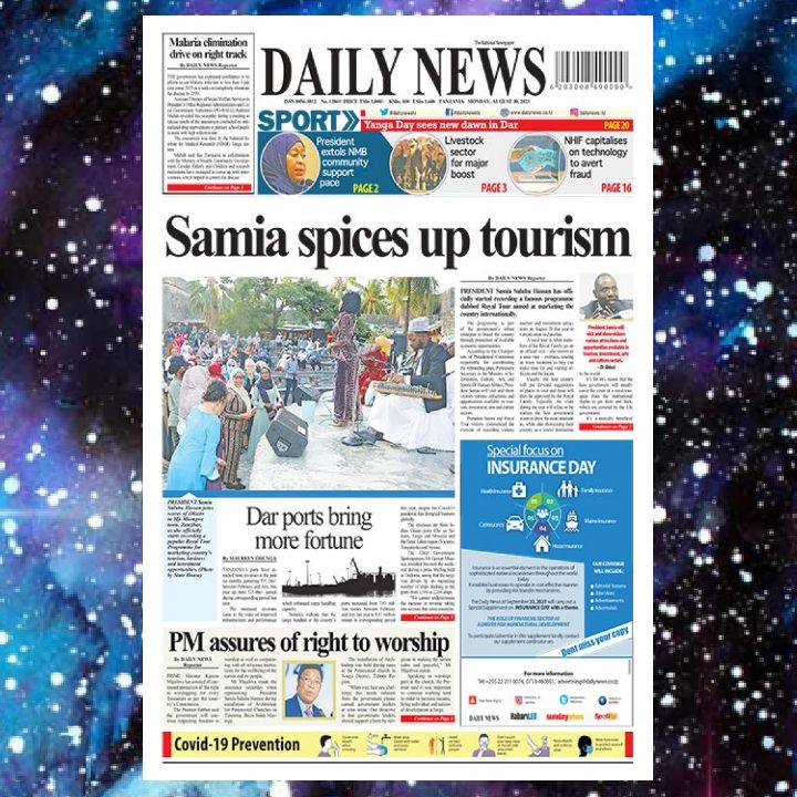 dailynewstz's tweet photo. Top headlines this Monday,  'Samia spices up tourism'

Get your daily copy on any nearby newsstand or visit https://t.co/WYjbiSkqCW or TSN APP (https://t.co/B8GLiG86rf ) for e-paper

#dailynewsdigital  #dailynewsdigitalupdates #habarileo #spotileo https://t.co/Ij4syR4Yjq