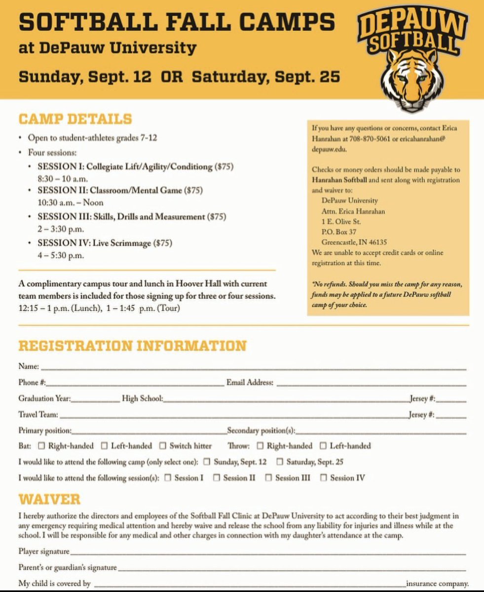 DePauw Softball (@depauwsoftball) on Twitter photo ATTENTION FUTURE TIGERS: DePauw softball it’s only FALL PROSPECT CAMP! You can choose Sep 12 or Sep 25. If you want a spot on either date, contact Head Coach Erica Hanrahan via email at ericahanrahan@depauw.edu ATTENTION FUTURE TIGERS: DePauw softball it’s only FALL PROSPECT CAMP! You can choose Sep 12 or Sep 25. If you want a spot on either date, contact Head Coach Erica Hanrahan via email at ericahanrahan@depauw.edu