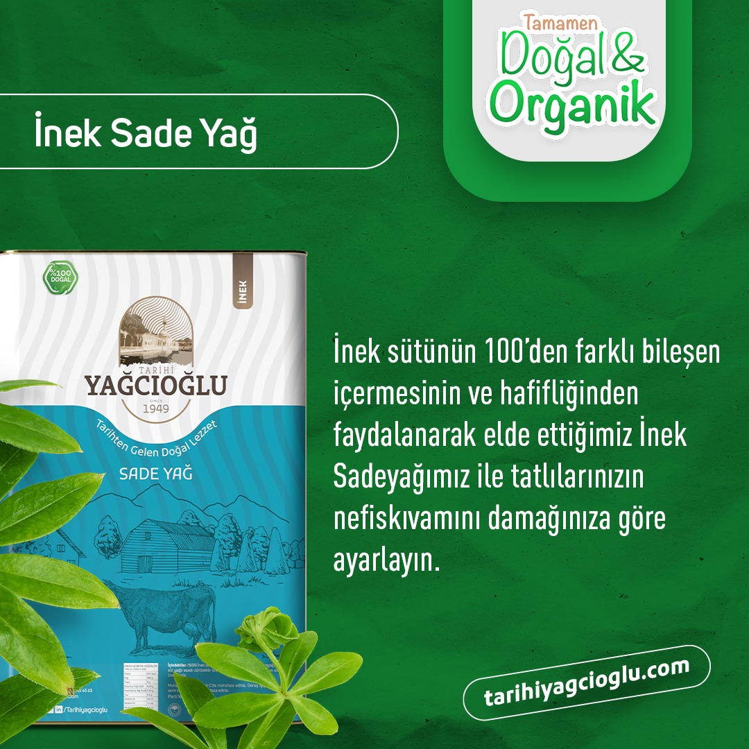 İnek sütünün 100'den farklı bileşen içermesinin ve hafifliğinden faydalanarak elde ettiğimiz İnek Sadeyağımız ile tatlılarınızın nefis kıvamını damağınıza göre ayarlayın. 
Hemen tarihiyağcıoğlu.com'a girip lezzeti keşfedin. 
#doğalürün #ghee #baklava #sadeyag #tarihiyağcıoğlu