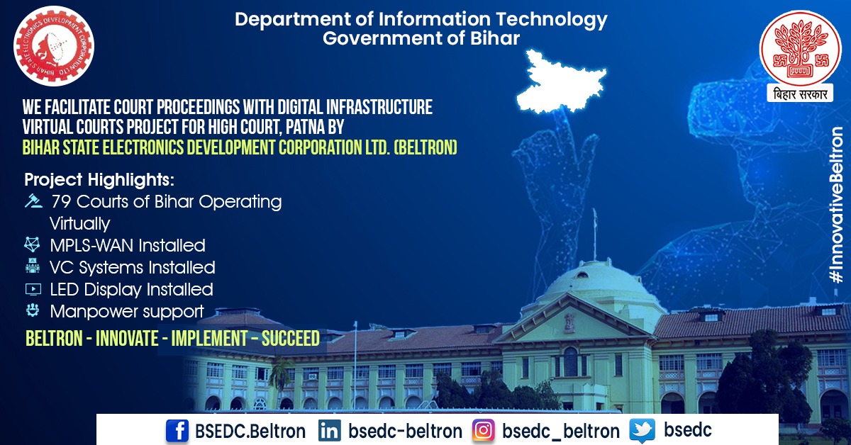 bsedc's tweet image. ⚙The BSEDC LTD. (BELTRON) has successfully implemented the #VirtualCourts VC Project for High Court, Patna by providing 79 courts of Bihar with MPLS-WAN, VC systems, LED displays &amp;amp; manpower support. 

Beltron - Innovate - Implement – Succeed 
#InnovativeBeltron