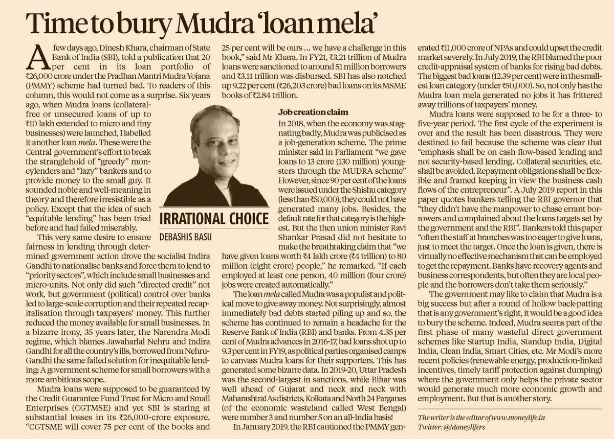 Moneylifers's tweet image. Banks (as usual public sector ones) are hit hard by bad Mudra loans. Time to bury this wasteful scheme -- a souped up version of Indira Gandhi&apos;s infamous loan mela.