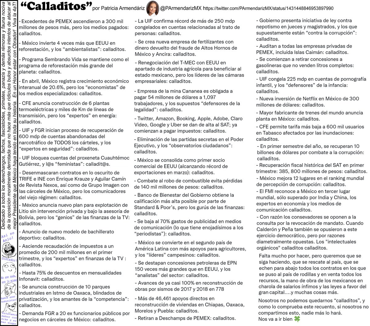Sin lugar a dudas el mejor tuit/hilo del año es para <a href="/PArmendarizMX/">Patricia Armendáriz</a>...

#Calladitos

x.com/PArmendarizMX/…