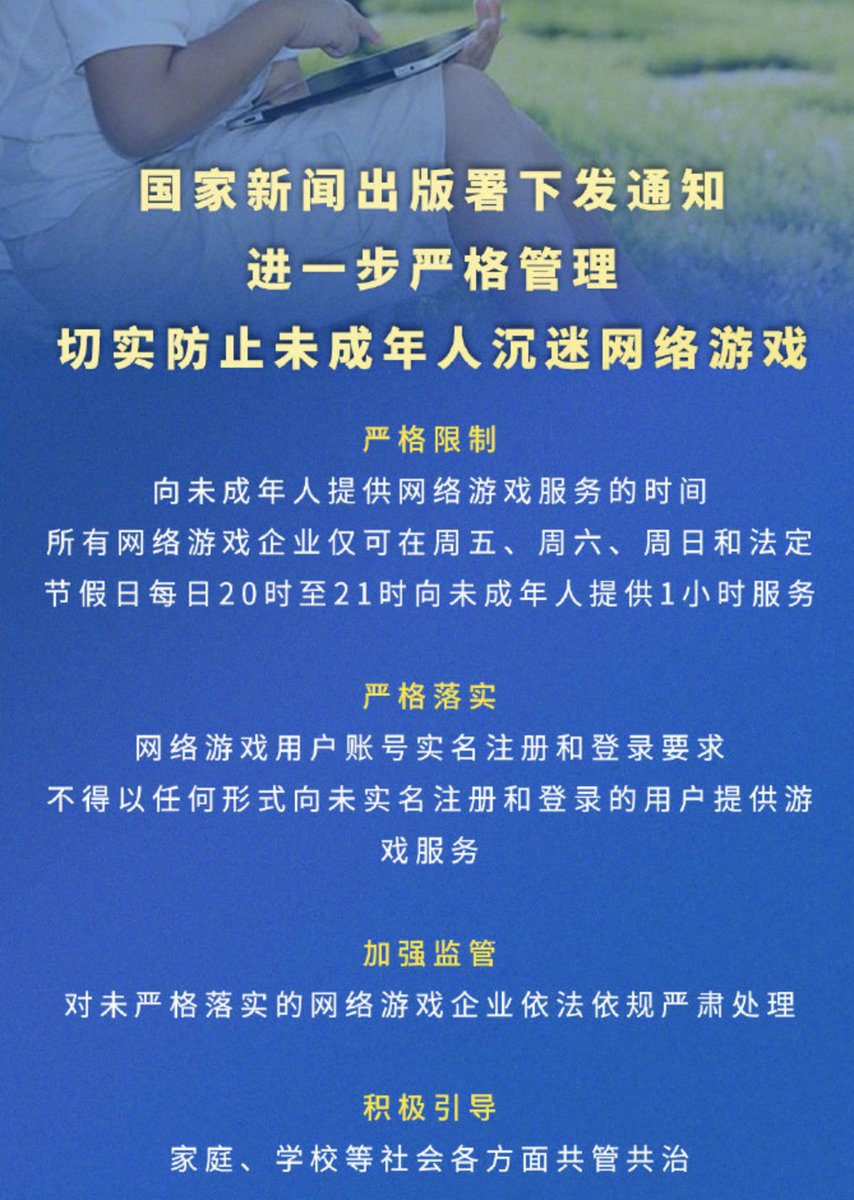 ZhugeEX's tweet photo. China's game regulator continues to implement targeted regulations aimed at curbing game addiction among minors

New policy states that minors can only play games for one hour on Fridays, Saturdays and Sundays between 8pm to 9pm.

An extremely restrictive policy. https://t.co/kkbh9PGsND