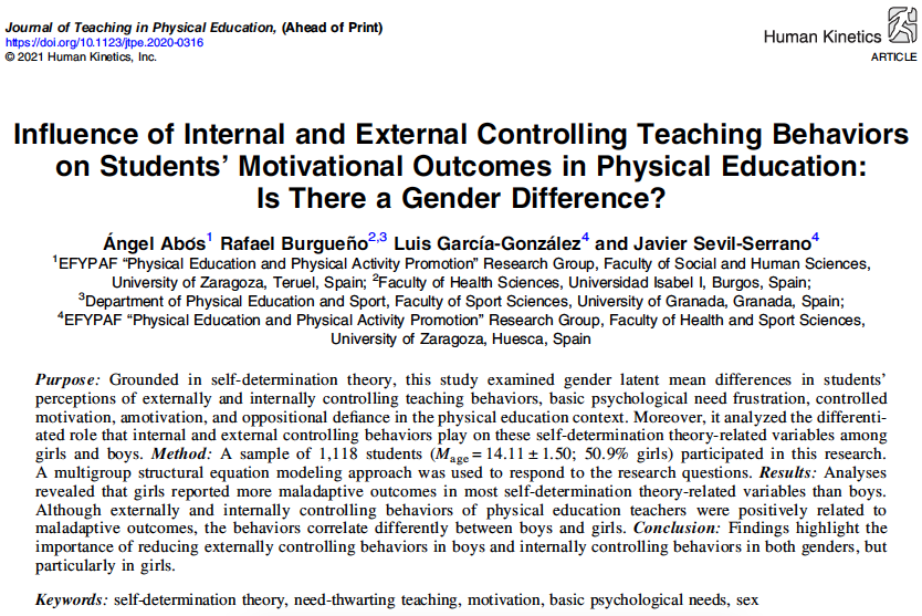 🚨New study out🚨Internally and externally teaching controlling behaviors on motivation in #PE: #genderdifferences?

@AngelAbos_ @jsevilsphd @LGarciaGonzale2 

💪@efypaf (@unizar) + @ui1Universidad 

New paper in @JTPEjournal 

👇Link:
journals.humankinetics.com/view/journals/…