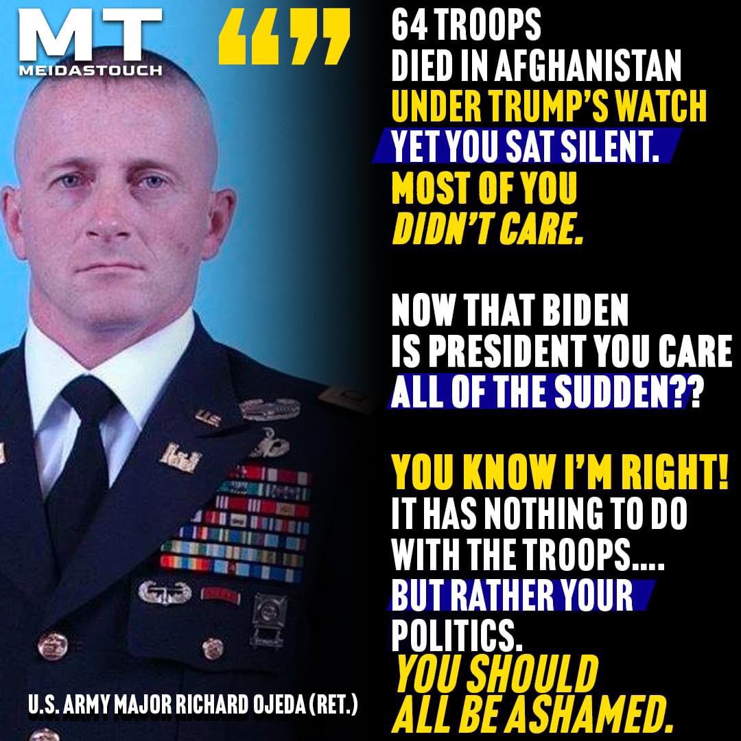 45RapeKatieJohn's tweet photo. #BidenLiedPeopleDied
"64 troops died in Afghanistan under Trump's watch, most of you didn't care" https://t.co/rEBprY3ls9