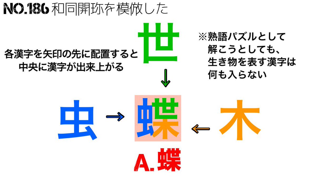 謎制作団体 Beast V Twitter No 186 解説 蝶 少なくとも 生き物を表す漢字では 熟語パズルとして成立しない というのは調査済みです 調査方法ですか 世 から始まる熟語を総ざらいしました 気合いで 絶対にもっと効率的な方法がある気がします 謎制作団体 Beast V Twitter No 186 解説 蝶 少なくとも 生き物を表す漢字では 熟語パズルとして成立しない というのは調査済みです 調査方法ですか 世 から始まる熟語を総ざらいしました 気合いで 絶対にもっと効率的な方法がある気がします