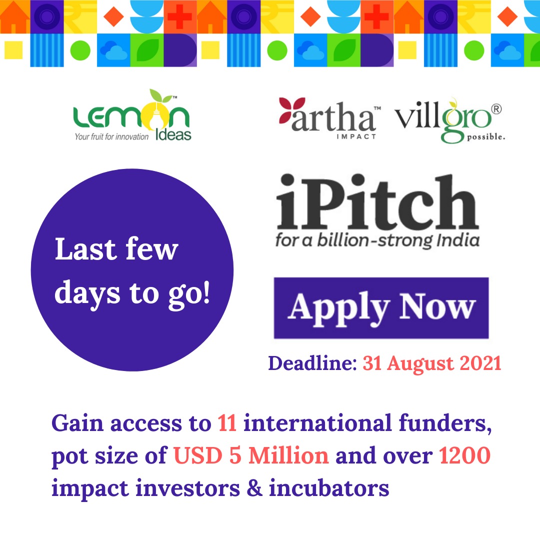 iPitch 2021 application Deadline is almost here!

APPLY NOW!: villgro.org/ipitch/

#iPitch2021 #ABillionStrongIndia