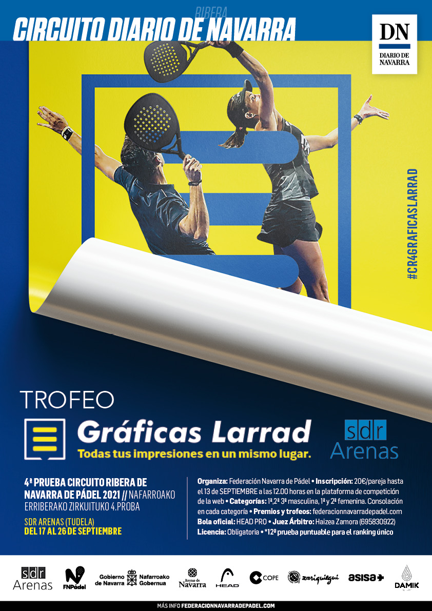 Este año tenemos el placer de patrocinar el Trofeo de pádel Gráficas Larrad en <a href="/sdrarenas/">SDR Arenas</a> como 4º prueba del Circuito Ribera de Navarra de pádel 2021, que se celebrará en del 17 al 26 de septiembre. 
¿Os lo vais a perder?
Organización: <a href="/FNPadel/">Federación Navarra de Pádel</a> 
#CR4GRAFICASLARRAD #padelnavarra
