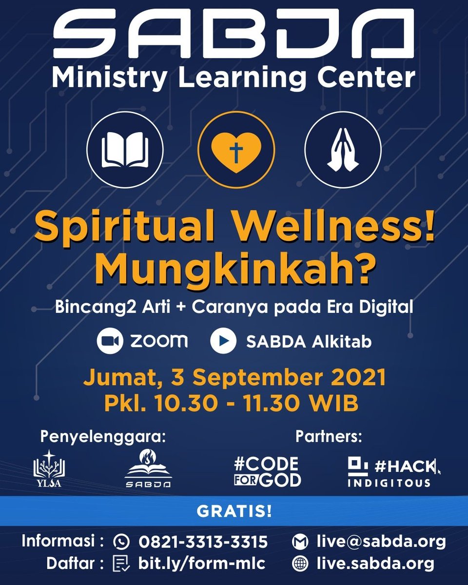 sabda_ylsa's tweet photo. Spiritual Wellness! Mungkinkah?
Bagi yang belum pernah ikut kegiatan SABDA Ministy Learning Center, silakan mendaftar di https://t.co/2rsvCSFAQX.
Info lebih lanjut, silakan kontak kami di:
WA 0821-3313-3315
E-Mail: live@sabda.org
#SABDAEvent
#SABDAMLC
#SpiritualWellness https://t.co/PQazMNRRIy