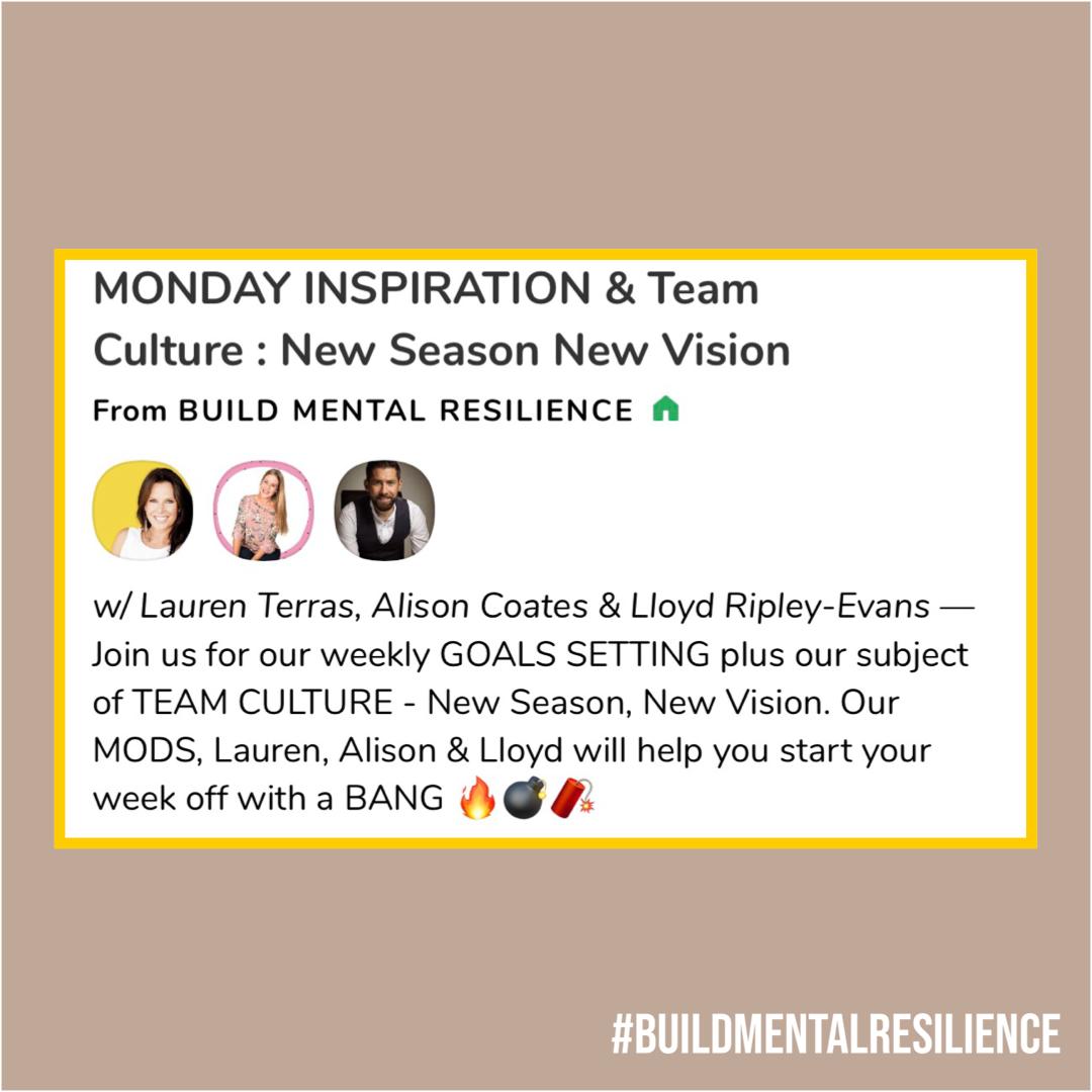 lloydrip's tweet photo. NEW SEASON. NEW VISION. NEW YOU

Join @lloydrip, @revoconsultant &amp; @TerrasComms this morning in the BUILD MENTAL RESILIENCE Club for our MONDAY INSPIRATION room. 
9am GMT+2
Club: BUILD MENTAL RESILIENCE 
Platform: @clubhouse

#buildmentalresilience #mondayinspiration #teamculture https://t.co/3l387RoHkK