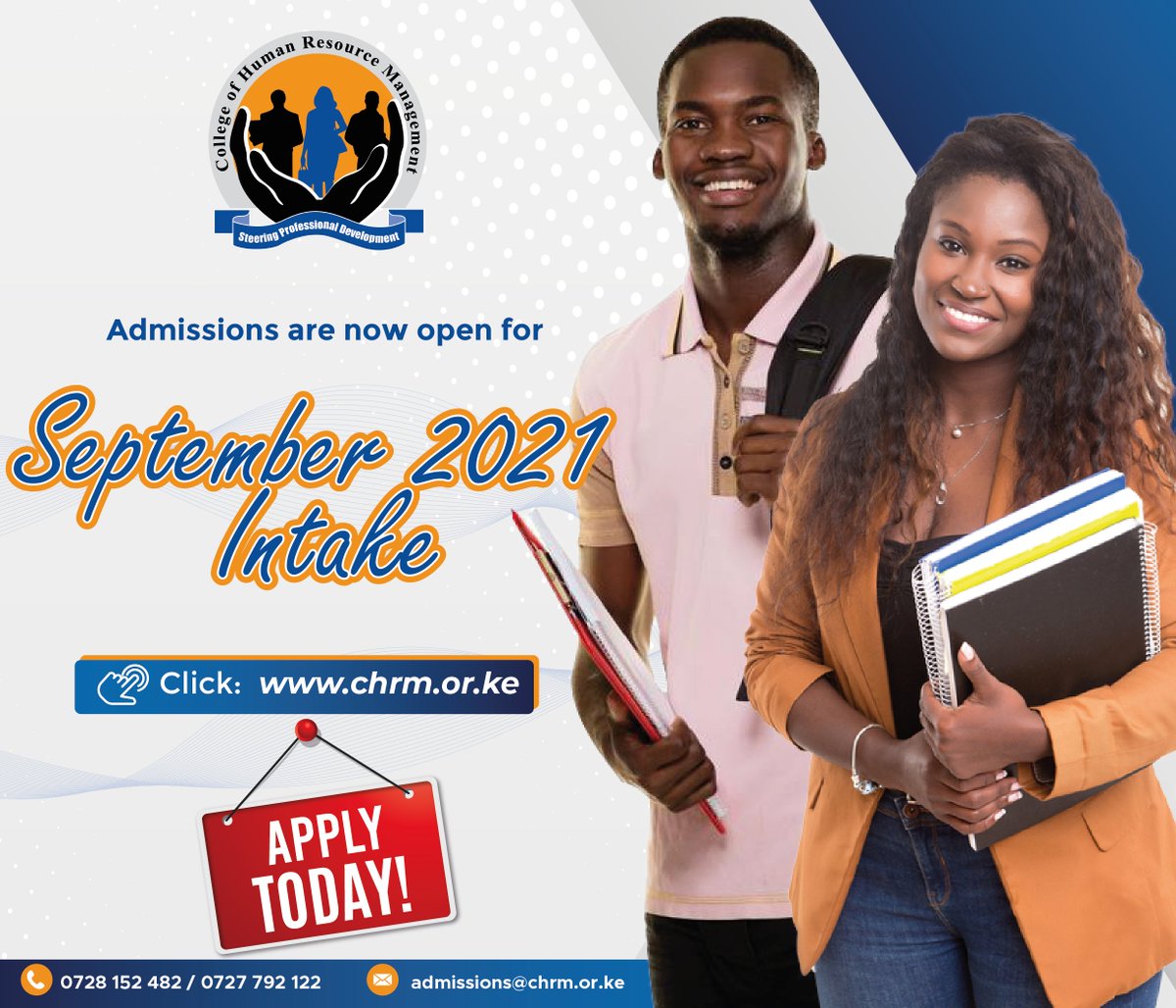 CHRM_College's tweet photo. Our September 2021 intake is now open and we welcome applications for Higher Diploma, Diploma, Certificate, Artisan & professional certification courses. Visit https://t.co/PcO7ltCZXS for more information. #KaribuCHRM #septemberintake2021 https://t.co/uOV0olBaEV