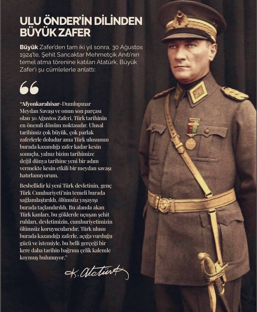 baskahaber's tweet photo. 30 Ağustos Zafer Bayramımız Kutlu Olsun.

Büyük zaferin başkomutanı Gazi Mustafa Kemal Atatürk’ü, silah arkadaşlarını ve aziz şehitlerimizi saygı ve minnetle anıyoruz.

https://t.co/NWn0FOHd0E https://t.co/WhasKU5wRQ