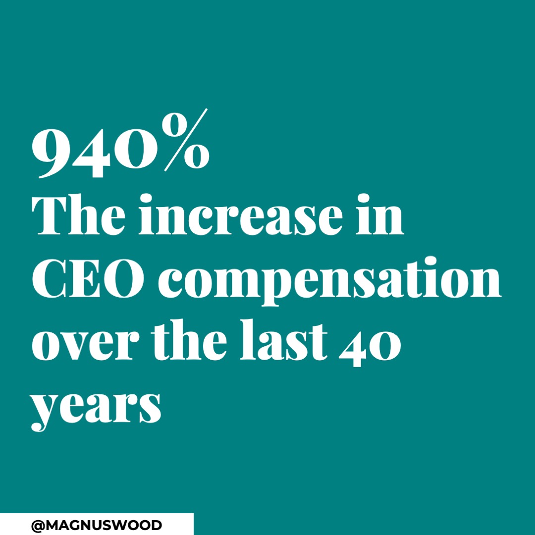 magnuswood's tweet photo. CEO compensation has increased by 940% over the last 40 years. Have they improved that much, created that much more value? Top bosses in the UK now earn 117 times the average salary. How kind is that? BBC: https://t.co/hjIjrKugAH #kindnessatwork #thekindnesscode https://t.co/M6JuiPlvs0