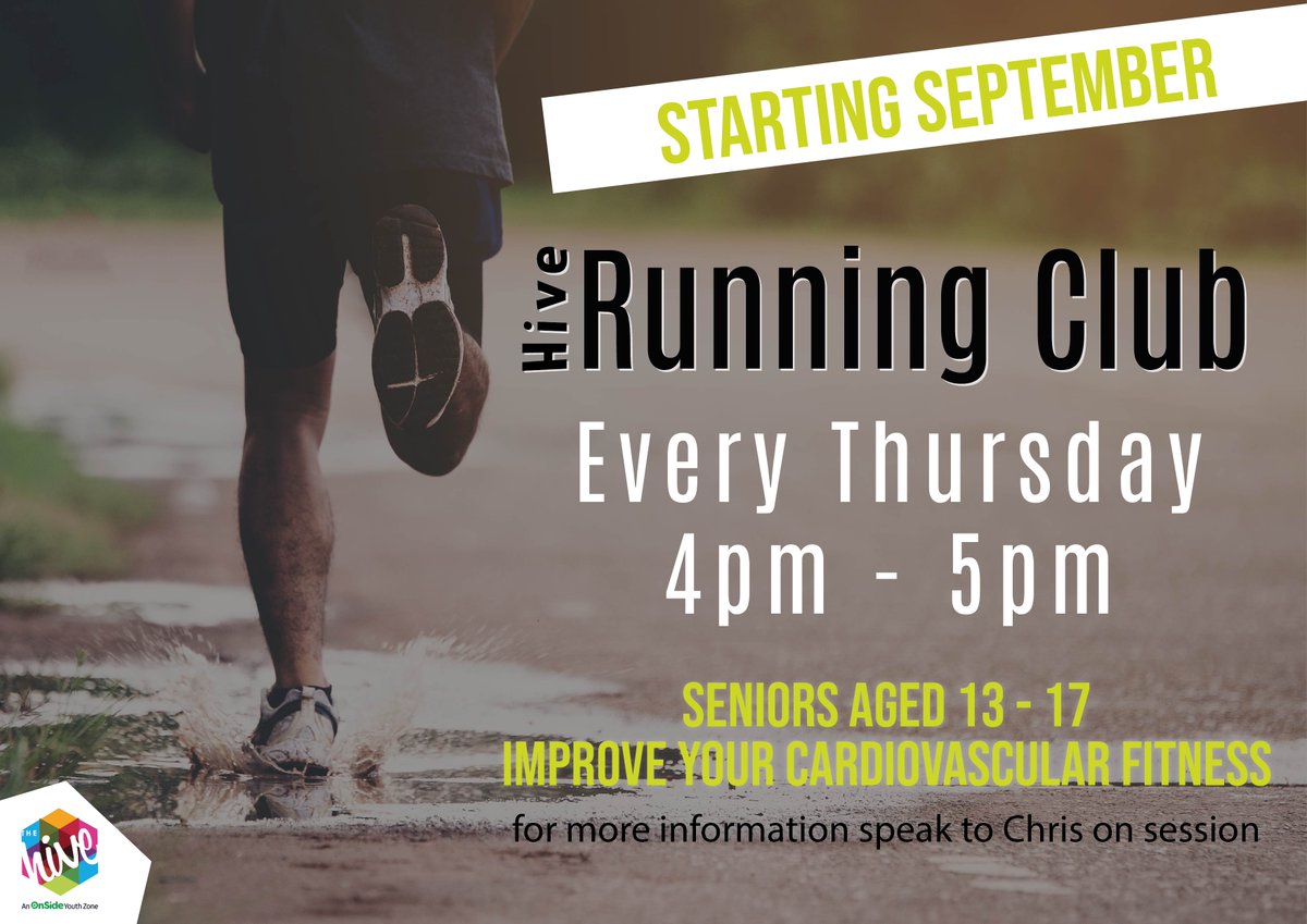 BRAND NEW.... Running Club at The Hive! 🏃‍♀️🏃‍♂️

Starting September for our Senior (13-17) Hive members.
Every Thursday
4pm - 5pm

Come along and improve your cardiovascular fitness! 

#running #fitness #active #exercise