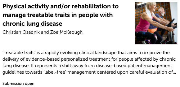 Christian Osadnik (@cosadnik) on Twitter photo Very happy to be co-editing a special collection for <a href="/FrontRehSci/">Frontiers in Rehabilitation Sciences</a> with <a href="/ZoeMcKeough/">Zoe McKeough</a> on the role of physical activity and/or rehabilitation to manage #treatabletraits in people with chronic lung disease. Please RT/share and review the details here: 👇
tinyurl.com/y7hrhcex Very happy to be co-editing a special collection for <a href="/FrontRehSci/">Frontiers in Rehabilitation Sciences</a> with <a href="/ZoeMcKeough/">Zoe McKeough</a> on the role of physical activity and/or rehabilitation to manage #treatabletraits in people with chronic lung disease. Please RT/share and review the details here: 👇
tinyurl.com/y7hrhcex