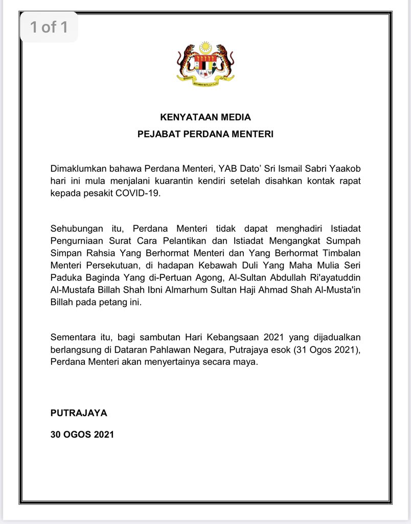 PM Ismail Sabri Tidak Hadir Istiadat Angkat Sumpah Menteri & Timbalan Menteri. Ini Puncanya.