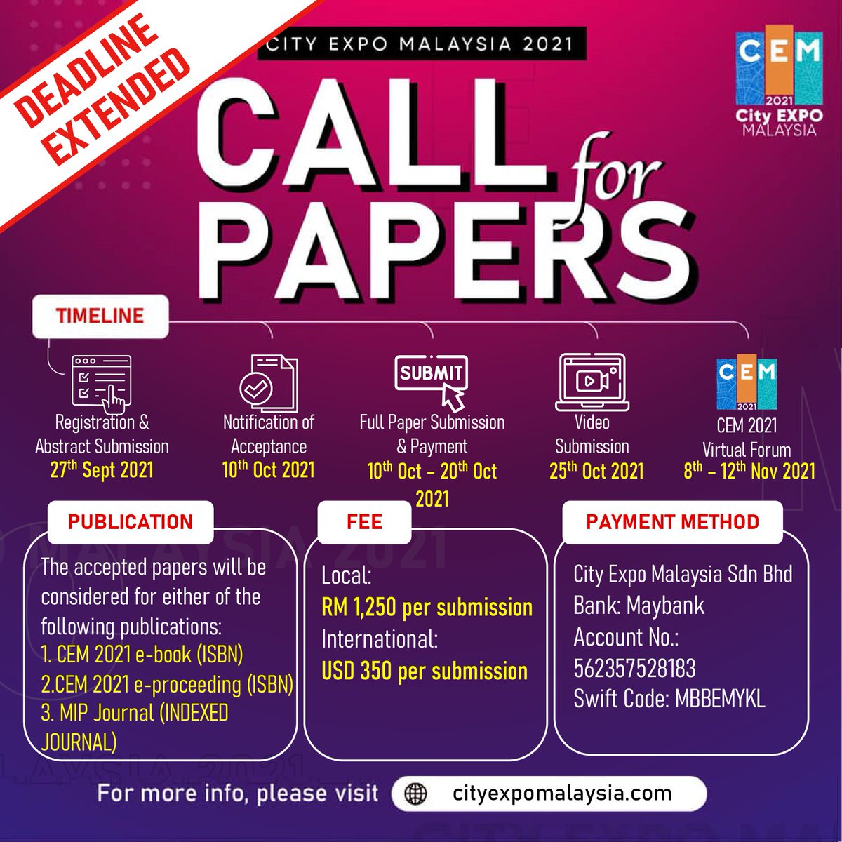 CityExpo_2021's tweet photo. We are pleased to announce that the 𝗮𝗯𝘀𝘁𝗿𝗮𝗰𝘁 𝘀𝘂𝗯𝗺𝗶𝘀𝘀𝗶𝗼𝗻 deadline has been extended to 𝟮𝟳/𝟵/𝟮𝟬𝟮𝟭 due to the high number of requests. Authors are  welcome to submit their abstracts at https://t.co/kVSEGQOc8D

Acceptance notification will be done by 10 Oct. https://t.co/twmfQbeb8c