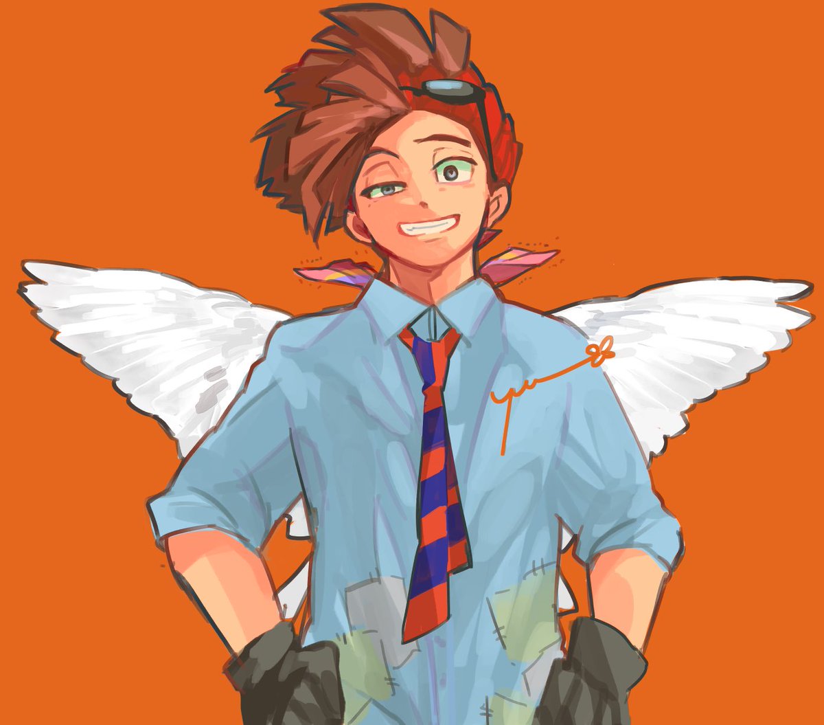 1boy male focus solo smile brown hair wings goggles  illustration images