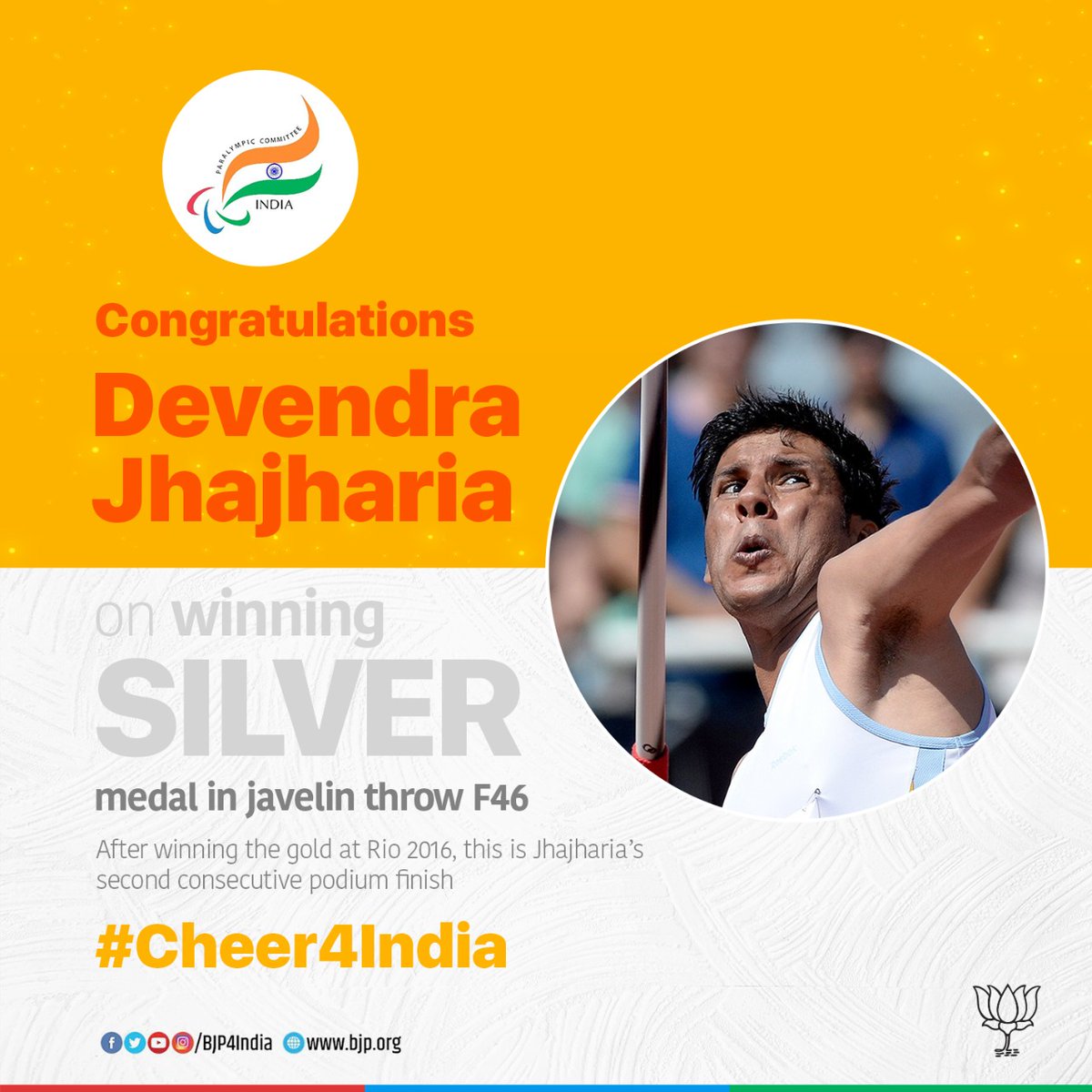 BJP4India's tweet photo. It's a third for Devendra at the Paralympics!

After winning the gold at Athens 2004 and Rio 2016, the senior pro wins a silver in javelin throw F46 at #Paralympics2020! 

#Cheer4India #Tokyo2020 https://t.co/XKTfJ2EMj2