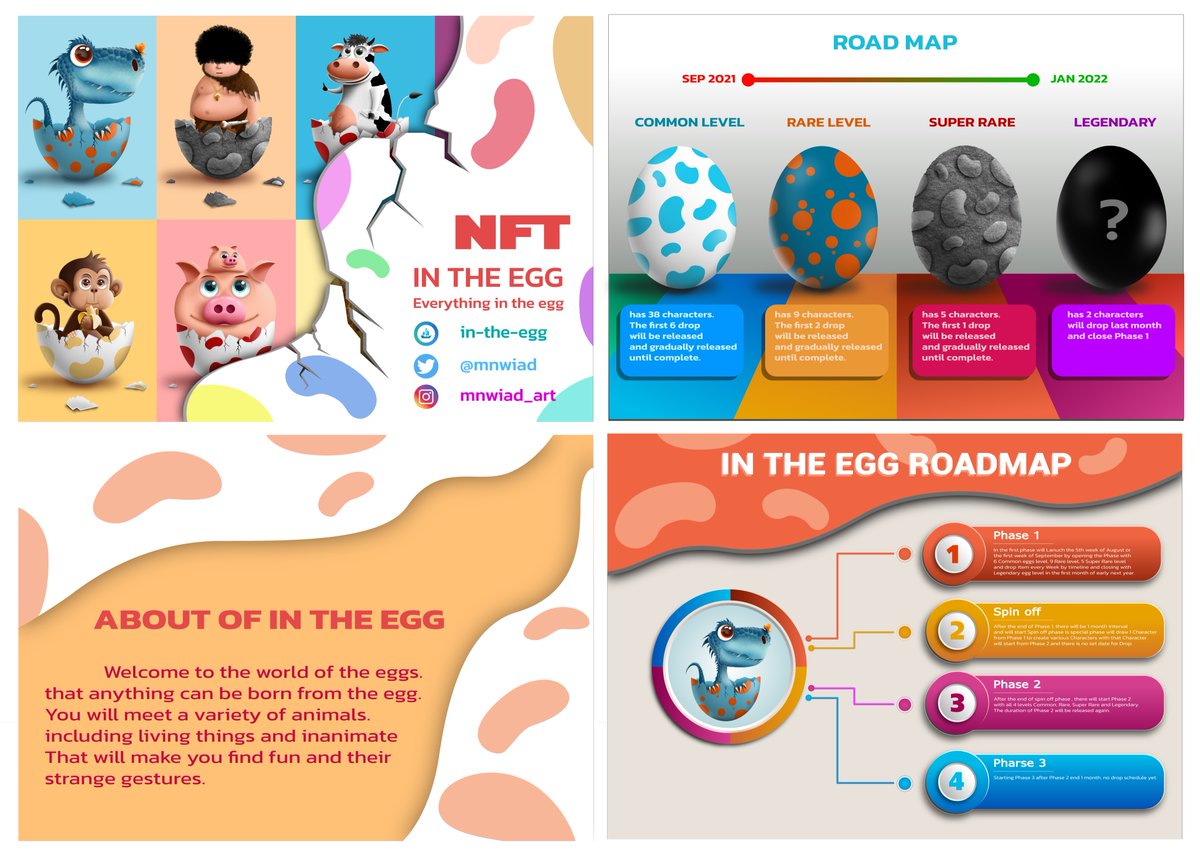 Mnwiad's tweet photo. (Update)
Hi everyone
This Project about the egg world. that anything can be born from the egg. and I have presenting the Roadmap

Opensea: in-the-egg
IG: mnwiad_art
#nftart #nftartist #nftcommunity #nftcollector #nftcollection #nftthailand #nftthailandcommunity #NFTdrop #NFTthai https://t.co/oG2gdoFzEl