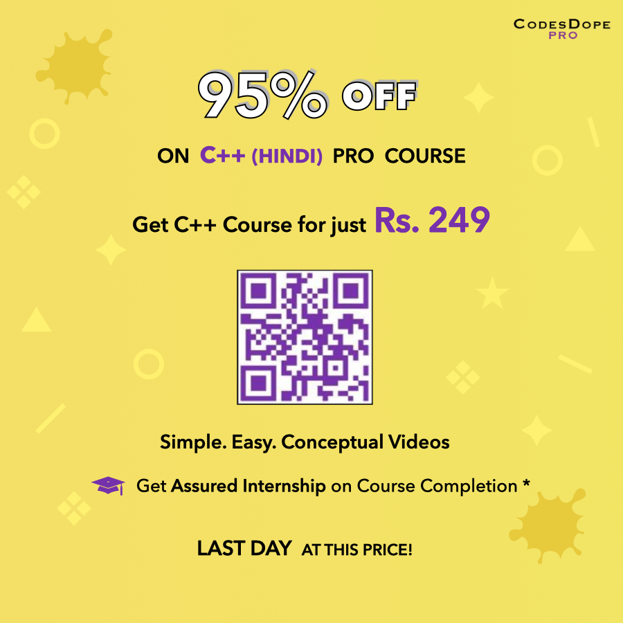 CodesDope's tweet image. Get C++ course for just Rs. 249 at 95% OFF. Last day at this price! codop.es/start-pro-cpp #cpp #programming #offer