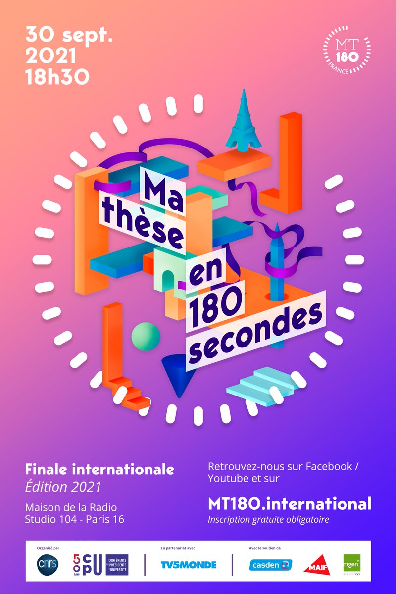 🔥 J-30 🔥
Cette année c'est la France qui accueillera la grande finale internationale de #MT180 !
Les doctorant.e.s venus du monde entier vous donnent rendez-vous le 30 septembre pour vous présenter leur recherche en 3 minutes ! 
⚠ Ouverture des inscriptions le 8 septembre...