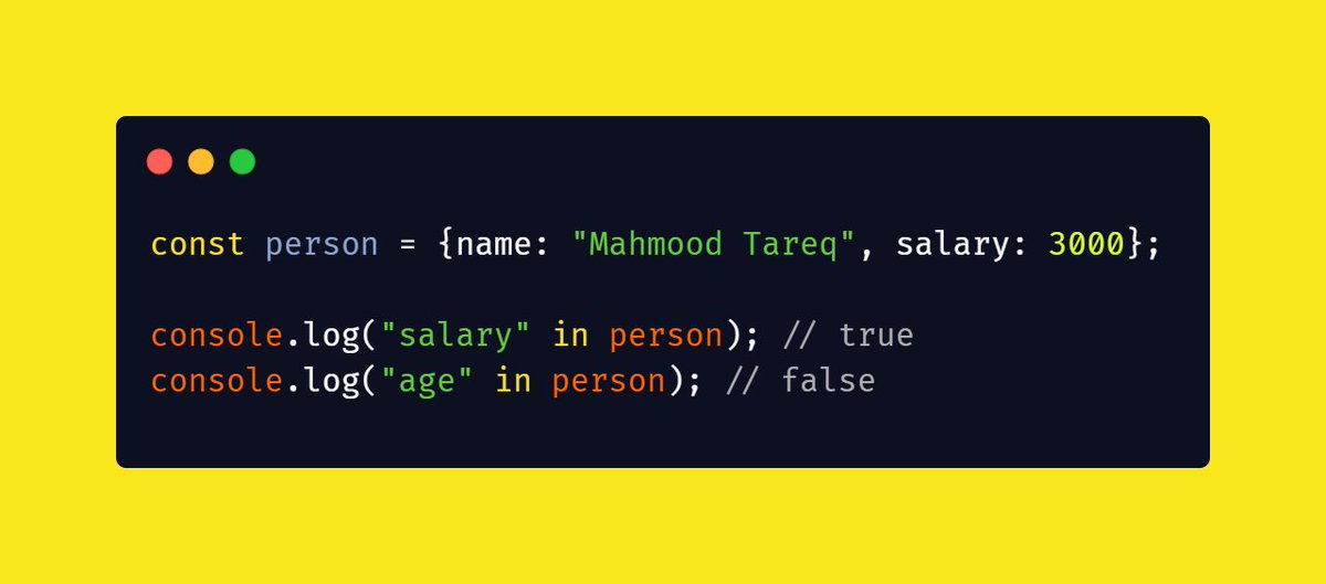 devatTheCave's tweet image. Do you know that we can use the "in" keyword to check whether a property exists in a Javascript object?
For example: