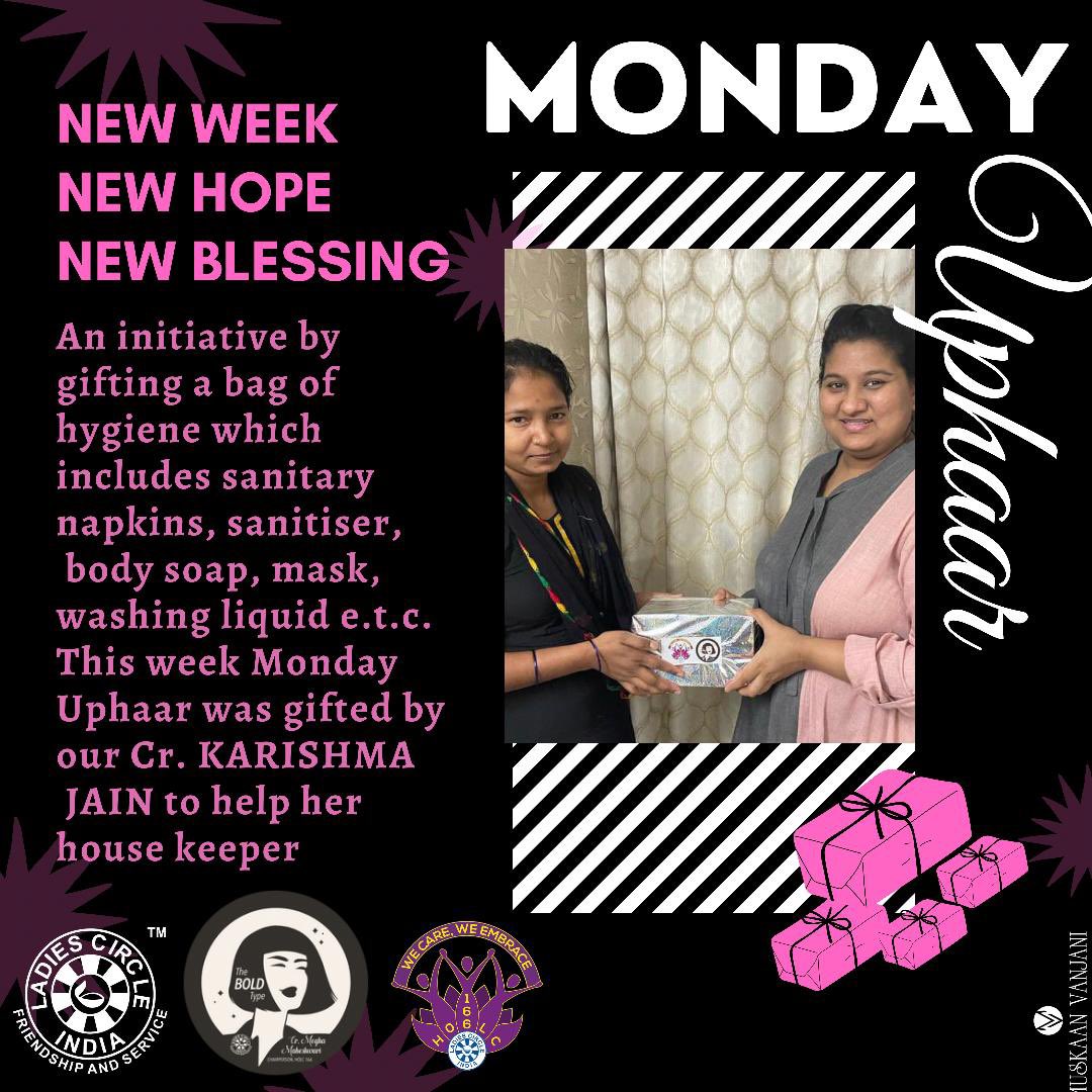 An initiative by HOLC166 gifting a bag of hygiene kit. It includes Sanitizer, Mask, Sanitary napkins, Washing soap, Body soap e.t.c. This week Monday Uphaar was gifted by our CR. KARISHMA JAIN to help her house keeper. <a href="/holc166ladiesc1/">holc166ladiescircle</a> <a href="/IndLadiescircle/">LadiesCircle India</a> <a href="/LadiesCircleInd/">Ladies Circle India</a>