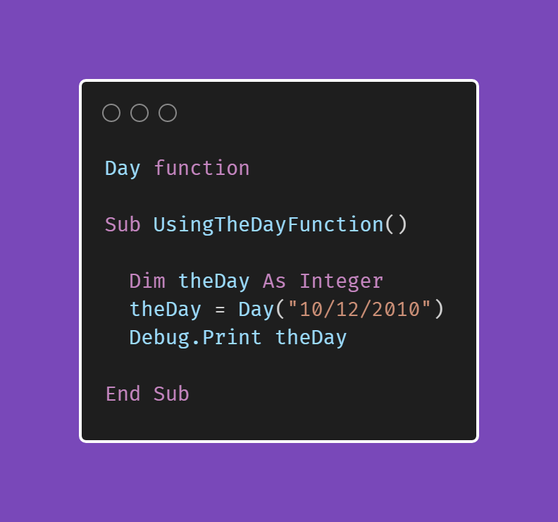 arromero491's tweet photo. Day function
Syntax and Example
#VBAMacros #100DaysOfCode https://t.co/mKs3Fkott9