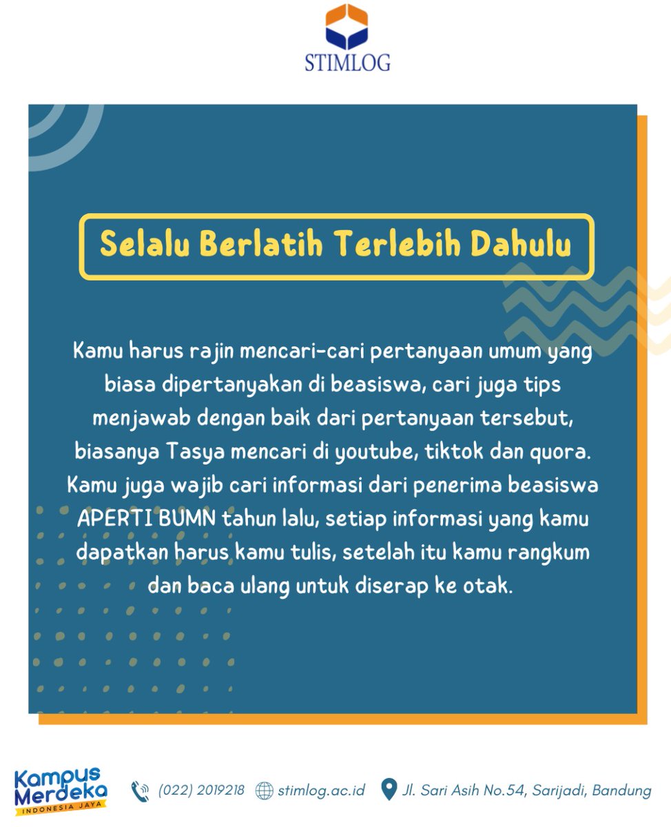 STIMLOGOFFICIAL's tweet photo. Mau tau cara sukses menghadapi tahap seleksi wawancara beasiswa? Kali ini Tasya (Penerima beasiswa APERTI BUMN STIMLOG 2021) bakal kasih tips apa aja sih hal yang harus diperhatikan supaya kamu bisa sukses berkesempatan dapetin beasiswa.

STIMLOG
#Beasiswa #BeasiswaApertiBumn https://t.co/N6bjQWOrKU