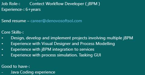 denovosoftsol's tweet photo. #denovo #denovojob
Job Role-:Contect Workflow Developer ( jBPM )
Experience-: 6+years
Send resume – career@denovosoftsol.com
#J2EE #SpringBoot #Spring #Hibernate #JAVA #javaj2ee #JBPM #visualdesigner #contectworkflowdeveloper #microservice #javacode #programming https://t.co/VZGsrs7KYk