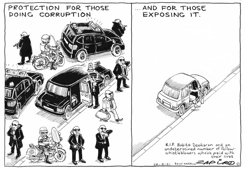 Zapiro's cartoon published in DM 168 <a href="/dailymaverick/">Daily Maverick</a>  (28 August 2021) on High Risk #WhistleBlowers #RIPBabitaDeokaran - zapiro.com/210828dm