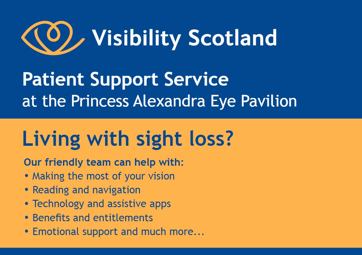 VisibilityScot's tweet image. We're delighted to announce that from today our Patient Support Team will be back providing a face to face service for patients visiting the Princess Alexandra Eye Pavilion. You can find us on the 3rd Floor, Mon-Fri, 9:30am-4pm. Service funded by @EdinburghHSCP  #VISupport