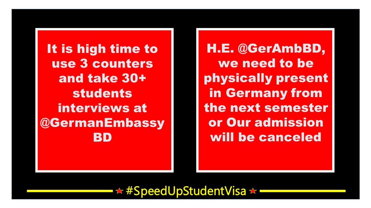 Rahim0570's tweet photo. H.E. @GerAmbBD, if 
@GermanEmbassyBD uses 3 counters for 30+ interviews daily, in a month you can clear 700 students minimum. With this speed you can end the whole crisis in 2/3 months. Isn't it in all of our best interest?#GerEmbUse3counters #50StudentsPerDay #SpeedUpStudentVisa https://t.co/06n1bEMdCk