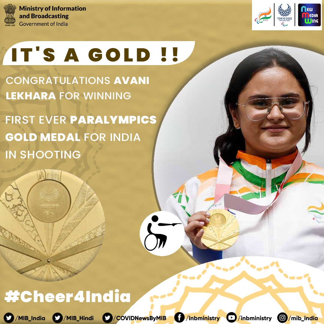 It's #Gold for 🇮🇳

What an amazing performance by <a href="/AvaniLekhara/">Avani Lekhara अवनी_लेखरा PLY</a> as she wins 🇮🇳’s 1st 🥇in Para Shooting in 10m AR Standing SH1 Final with a score of 249.6 creating Paralympic Record &amp; equalling the World Record!

#Cheer4India 
#Praise4Para