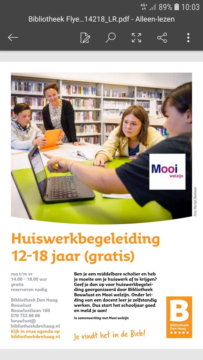 Gratis huiswerk begeleiding voor 12 tot 18 jaar ism MOOI welzijn. Dagelijks van 14.00 tot 18.00 uur. Aanmeldingformulier kun je ophalen bij bieb Bouwlust. Gewoon doen!