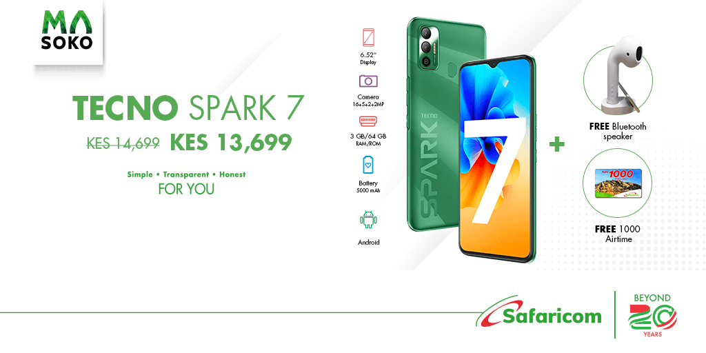 Deal ni ya mabazu!
Let SPARK lead the fashion, get the Tecno Spark 7 @ Ksh 13,699 + Free Bluetooth speaker + Ksh 1,000 Airtime. Shop Now => bit.ly/3gMgzO7