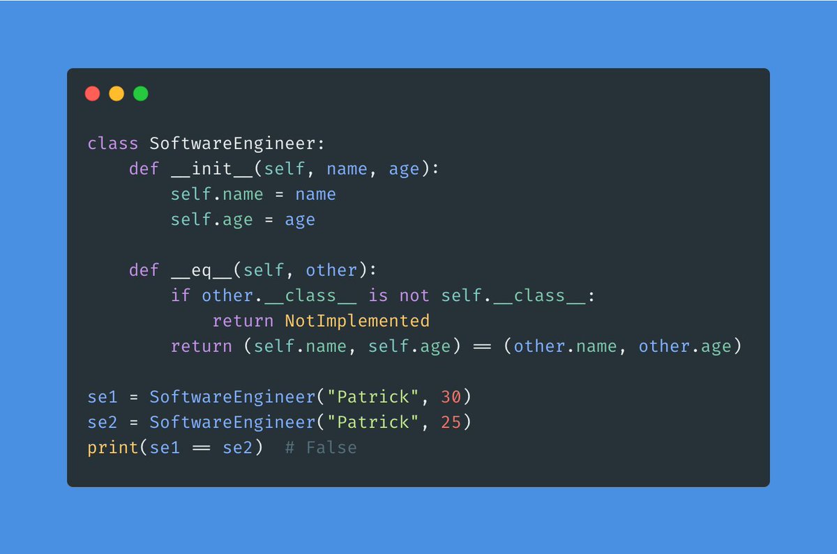 patloeber's tweet image. Quick but very handy Python tip:
If you need to check multiple variables for equality at once you can use tuple comparison:
(x1, y1, z1) == (x2, y2, z2)
This looks much better than:
x1 == x2 and y1 == y2 and z1 == z2
It's very nice for a concise __eq__ implementation: