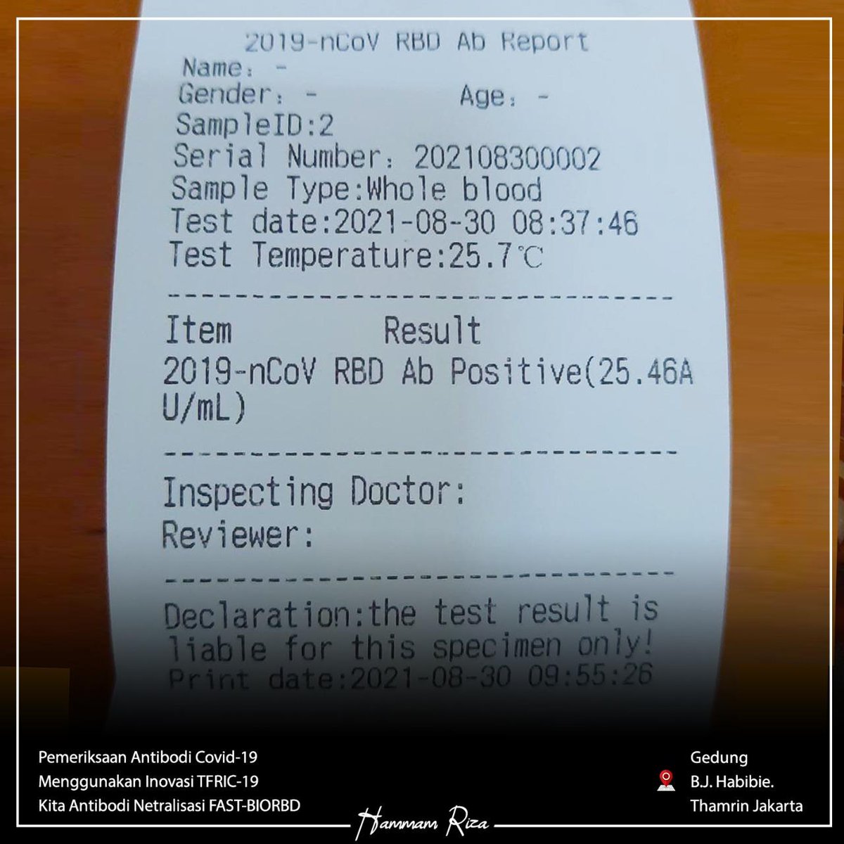 hammam_riza's tweet image. Pagi tadi saya berkesempatan memeriksa antibodi tubuh saya dengan menggunakan alat inovasi TFRIC-19 Next Generation Kita Antibodi Netralisasi FAST-BIORBD. Alhamdulillah, antibodi saya sudah terbentuk dengan hasil RBD Ab Positive 25.46A U/mL. #BPPTSolidSmartSpeed #InovasiIndonesia