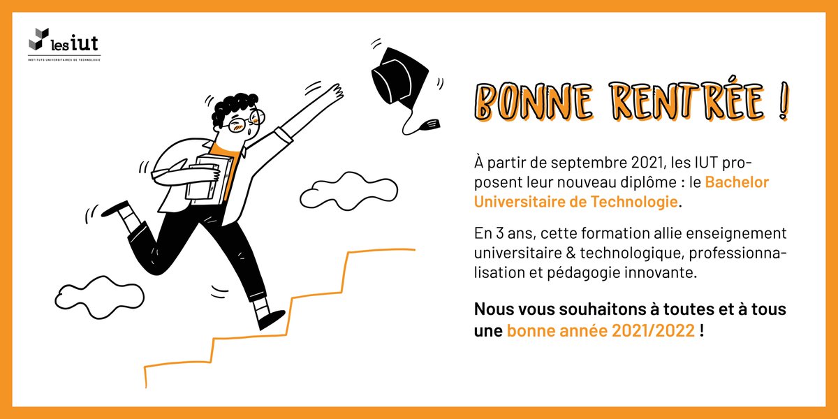 [#Rentree2021 🎓]

C'est l'heure de commencer une nouvelle année ! 
Les #IUT souhaitent la bienvenue aux petits nouveaux et ont hâte de revoir les anciens 😉

Des questions sur les heures de rentrée ? 
▶️ Checker le site internet de votre IUT 🖥️

#osezliut