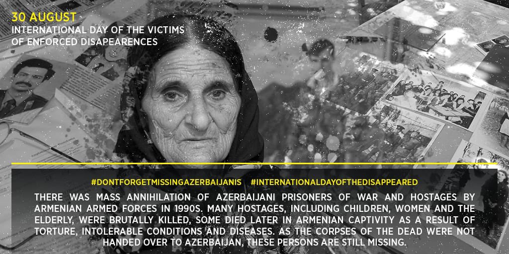 VuqarAliyevDGK's tweet photo. Currently, 3,890 people are registered as missing in the State Commission on Prisoners of War, Hostages and Missing Persons of the Republic of Azerbaijan as result of Armenian occupation and aggretion against Azerbaijan in 1990s.  #IDOD #DontForgetMissingAzerbaijanis @hrw https://t.co/YKMRuF3LCO